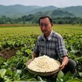 91豆花供应链总监赵建国，中年男性在黄豆产区农田中检验豆子品质，背景是广袤的豆田