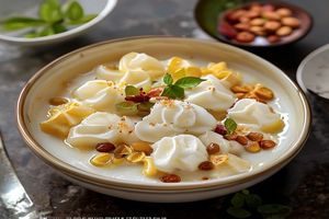 91豆花桂花蜂蜜豆花，金黄蜂蜜与桂花点缀在雪白豆花上，色彩搭配雅致，甜蜜清香
