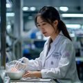 91豆花研发总监李晓薇，年轻女性食品科学家，手持实验器皿在食品研发实验室中工作，专业严谨