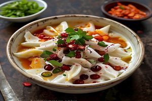 91豆花麻辣红油咸豆花，红亮油汪的辣椒油浇在嫩白豆花上，配以葱花香菜，成都风味十足